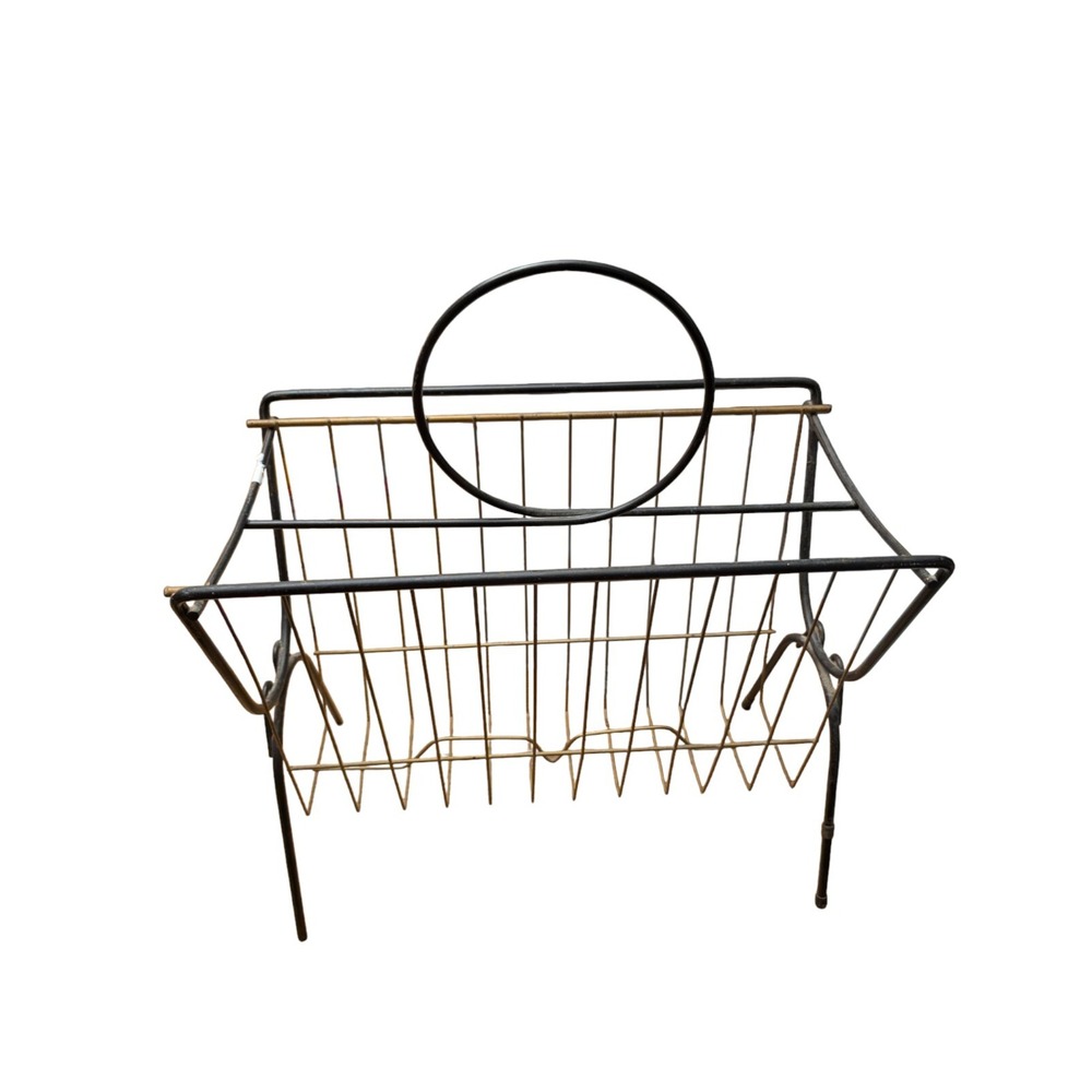 Vintage MCM Wire Magazine Rack - Black & Gold